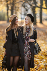 Two pretty girls walk on the city street, talk and smile to each other