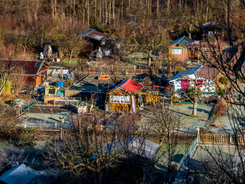 Tilt shift image of city garden with houses in the winter