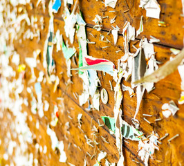Staples and paper fragments on a message board