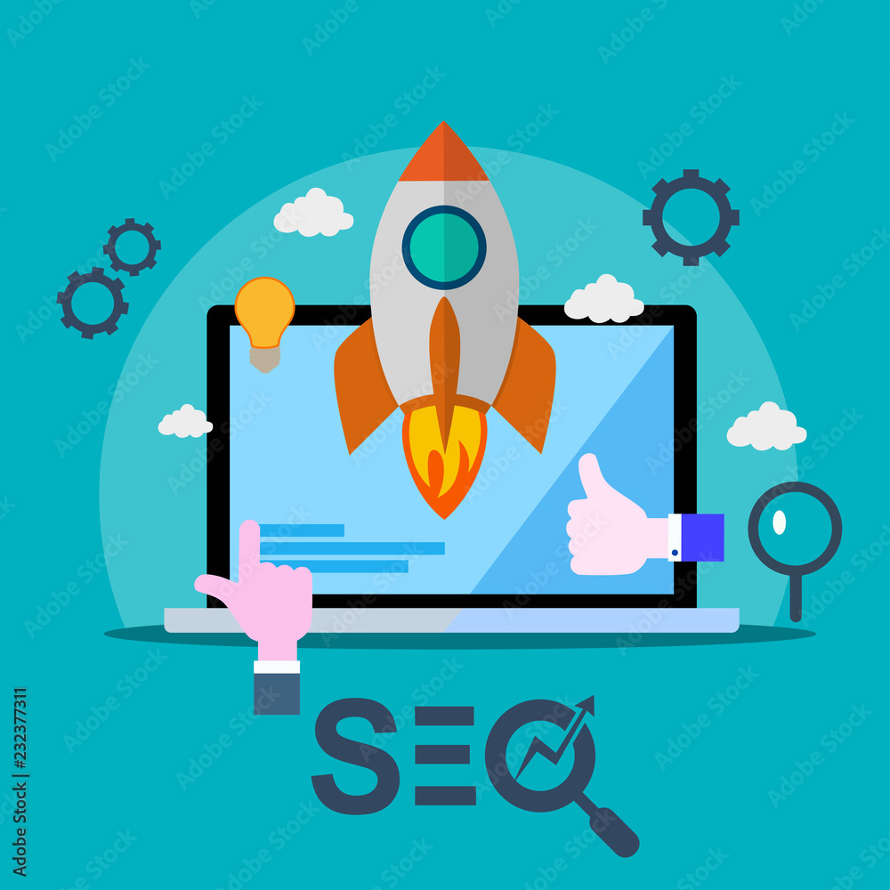 Wall mural seo icon for web-site of mobile application. rocket start up from laptop.