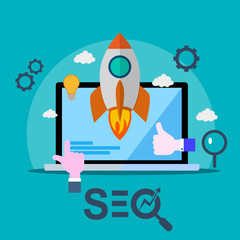 SEO icon for web-site of mobile application. Rocket start up from laptop.