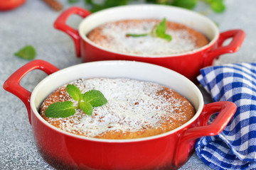 Homemade vanilla casserole with ricotta and raisins. Vanilla pudding.
