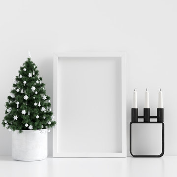 Mock Up Poster Frame White Interior Scandinavian Christmas Winter Decoration, 3D Rendering, 3D Illustration