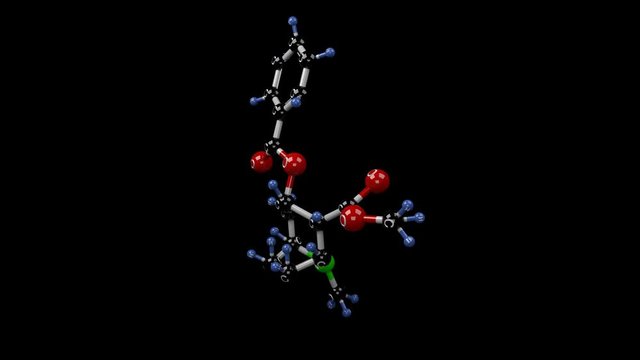 Cocaine molecule. Molecular structure of cocaine, alkaloid ester extracted from the leaves of coca used as anesthetic. Addictive drug. Alpha channel.