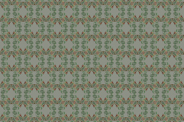 Greenish gray seamless background of stylized ornament of intertwined birds holding its tails by beaks  