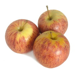 Conjunto de três maças de cor avermelhada com verdes e amarelos em fundo branco - fruta