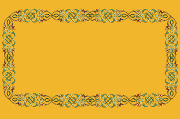 Pattern frame from interwoven birds for embroidery on tablecloths on bright yellow background
