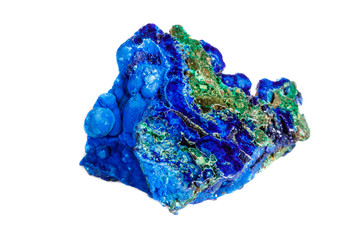 Macro mineral stone malachite with azurite on white background