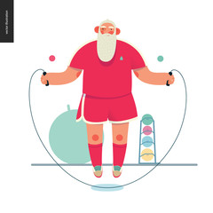 Sporting Santa - rope jumping - modern flat vector concept illustration of cheerful Santa Claus doing jumps over the rope exercises in gym, wearing red uniform, xmas fitness activity