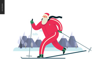 Sporting Santa - winter ski running - modern flat vector concept illustration of cheerful Santa Claus been skiing outside, wearing red tracksuit, winter landscape, xmas outdoor activity