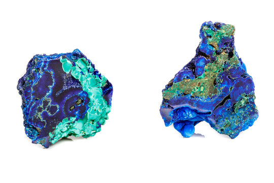 Macro mineral stone malachite with azurite on white background
