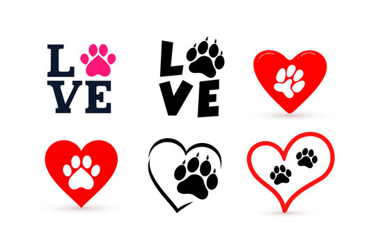 Set of Love with pet footprint. Funny logo saying. Design for scrapbooking, posters, textiles, gifts, t shirts. Vector illustration. Isolated on white background.