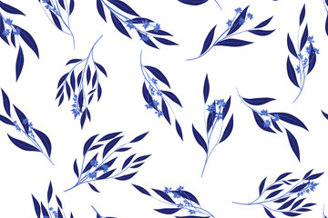 Seamless Summer Pattern in Watercolor Style. Vector Eucalyptus Leaves. Beautiful Branches and Floral Elements. Tropical Plants. Botanical Background. Summer Pattern for Wedding Design, Print, Textile.
