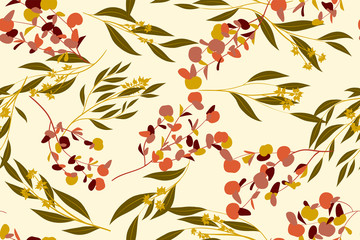 Tropical Seamless Pattern. Vector Eucalyptus Leaves and Beautiful Floral Elements. Botanical Summer Background. Elegant Tropical Seamless Pattern for Wedding Design, Print, Textile, Fabric, Wrapping.