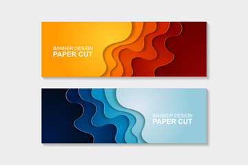 Set of horizontal banners in paper cut style. Banner design with abstract background. Paper cut vector illustration for banner, presentation, and invitation.