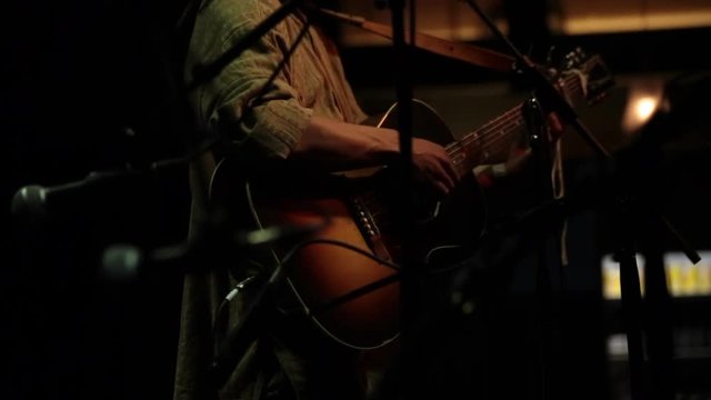Mid shot of roots reggae artists playing guitar on stage