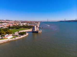 Naklejka premium Belem Tower A medieval castle fortification on the Tagus river of Lisbon Portugal