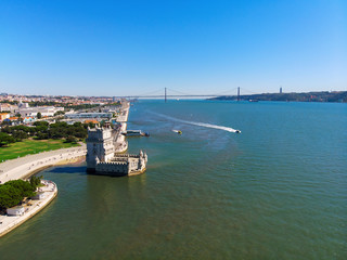 Fototapeta na wymiar Belem Tower A medieval castle fortification on the Tagus river of Lisbon Portugal