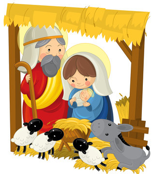 religious illustration holy family and shooting star- traditional scene - illustration for children