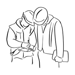 two engineer worker with hard hat looking a paper on hand vector illustration sketch doodle hand drawn with black lines isolated on white background