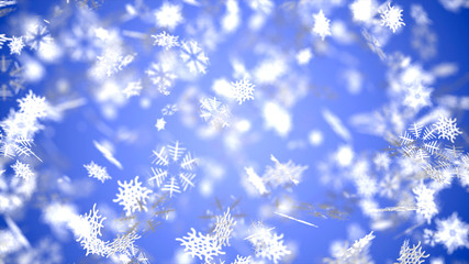 Christmas and new year's eve holidays background of white winter snowflake 3D render. Blurred snowflakes backgrounds.