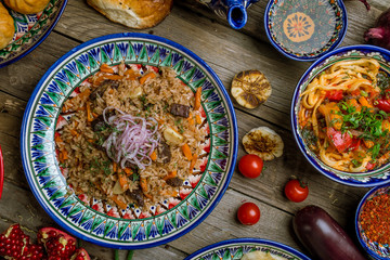 dishes of Uzbek cuisine lagman, pilaf, manti