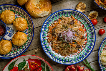 dishes of Uzbek cuisine lagman, pilaf, manti