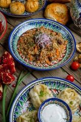 dishes of Uzbek cuisine lagman, pilaf, manti