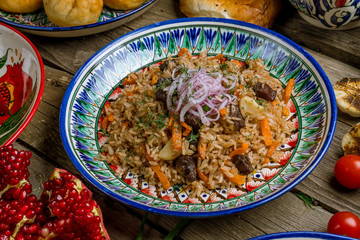 dishes of Uzbek cuisine lagman, pilaf, manti