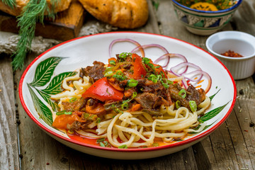 fried lagman on plate