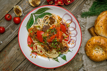 fried lagman on plate