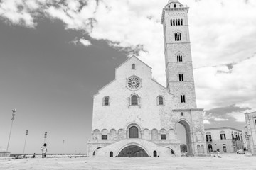 Obraz premium The beautiful Romanesque Cathedral Basilica of San Nicola Pellegrino, in Trani. Construction in limestone tuff stone, pink and white. A pointed arch under the bell tower. Italy, Puglia, Bari, Barletta