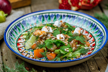 Salad with baked aubergines and feta cheese