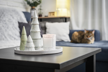 Christmas decorations with candle on coffee table