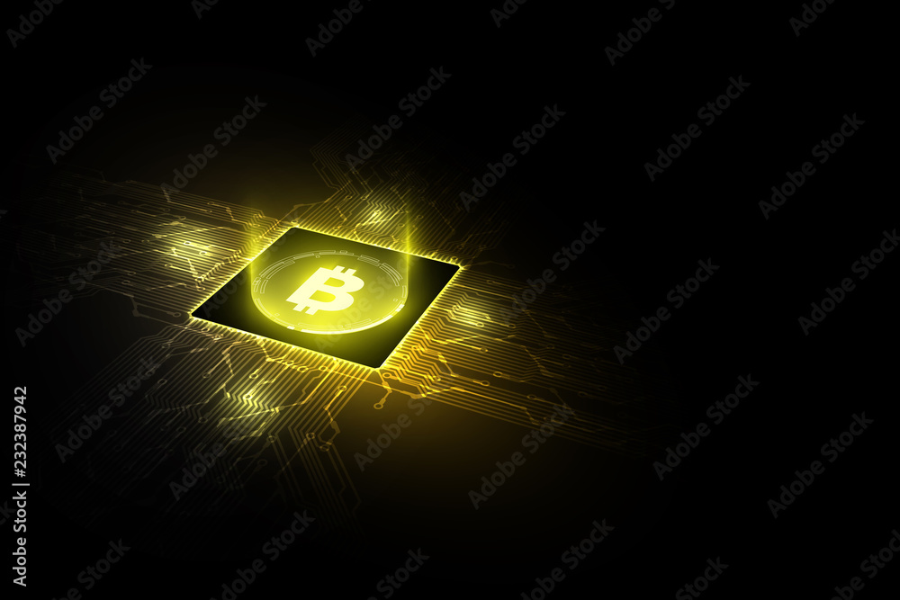 Poster Bitcoin Concepts with Printed Circuits with Bitcoin and Microchip Processors. vector illustration
