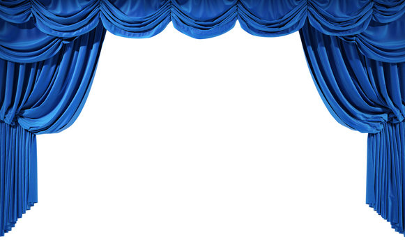 Blue velvet curtains isolated on white background.