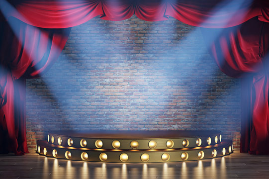 Theater stage with red velvet curtains, volume light and smoke. 3d illustration