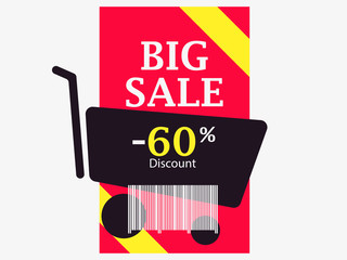 Big sale 60 percent discount. Barcode and shopping cart. Trolley icon. Black friday. Vector illustration