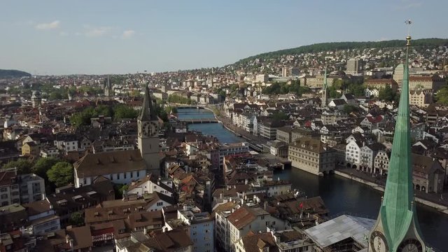 sunny day zurich center famous central district riverside aerial panorama 4k switzerland  
