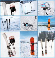 Set of sports gear at mountain ski resort. Winter vacation