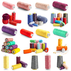 Set of different sewing threads on white background