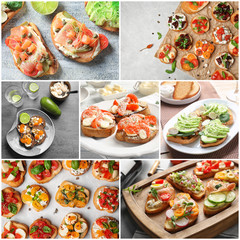 Set with different delicious bruschettas