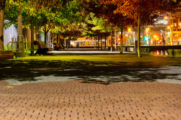 An interlock park path and treed in area along the lake shore at night in autumn months.