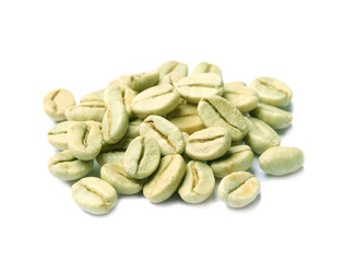 Pile of green coffee beans on white background