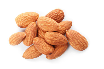 Organic almond nuts on white background, top view. Healthy snack