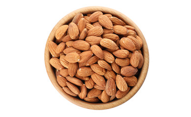 Bowl with organic almond nuts on white background, top view