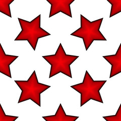Seamless pattern from red 3d stars with a black outline on a white background.