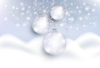 Fototapeta na wymiar Christmas balls snowdrift white mountains background greeting card vector