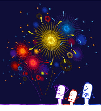 Cartoon Family Watching a Colorful Firework at Night