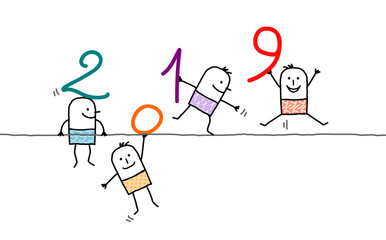 Cartoon Men on a Wire with 2019 Numbers